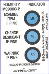 MS20003-2 humidity indicator card displaying 30%, 40%, and 50% relative humidity color-change spots, used in MIL-SPEC Method II packaging to visually monitor moisture levels inside sealed barrier bags and desiccant-controlled military and industrial packaging systems.