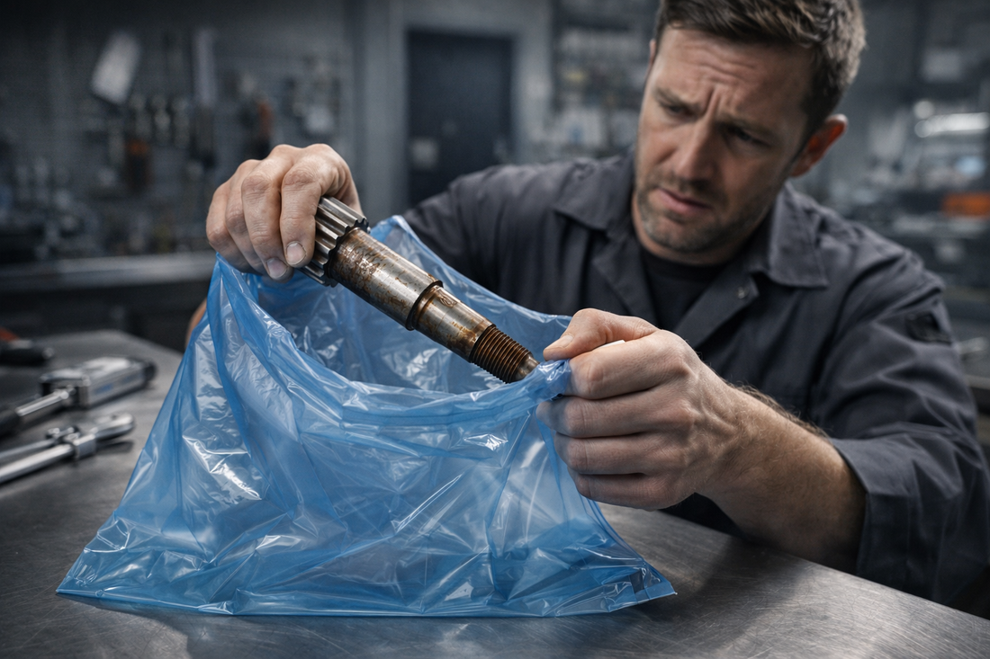 Mechanic holding a cylindrical part over a blue plastic bag in a workshop.