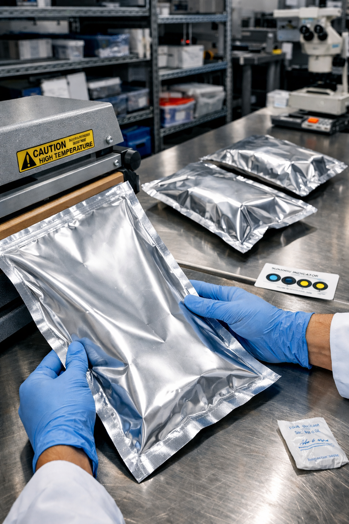 Person in a lab setting handling metallic packages with gloves on a stainless steel surface.
